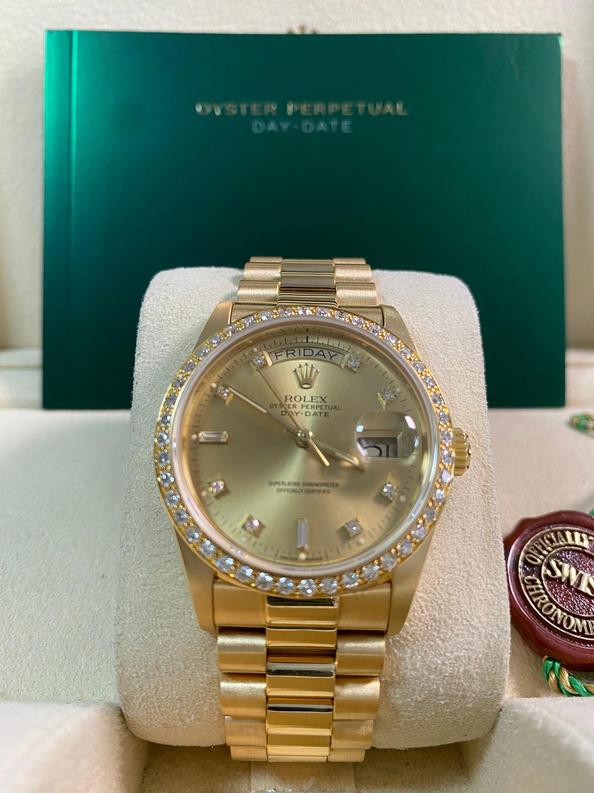 Rolex Yellow Gold Day-Date 36 - Diamond Bezel - Diamond Dial - President Bracelet - 18048