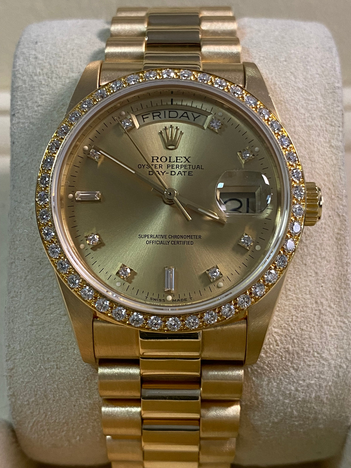 Rolex Yellow Gold Day-Date 36 - Diamond Bezel - Diamond Dial - President Bracelet - 18048