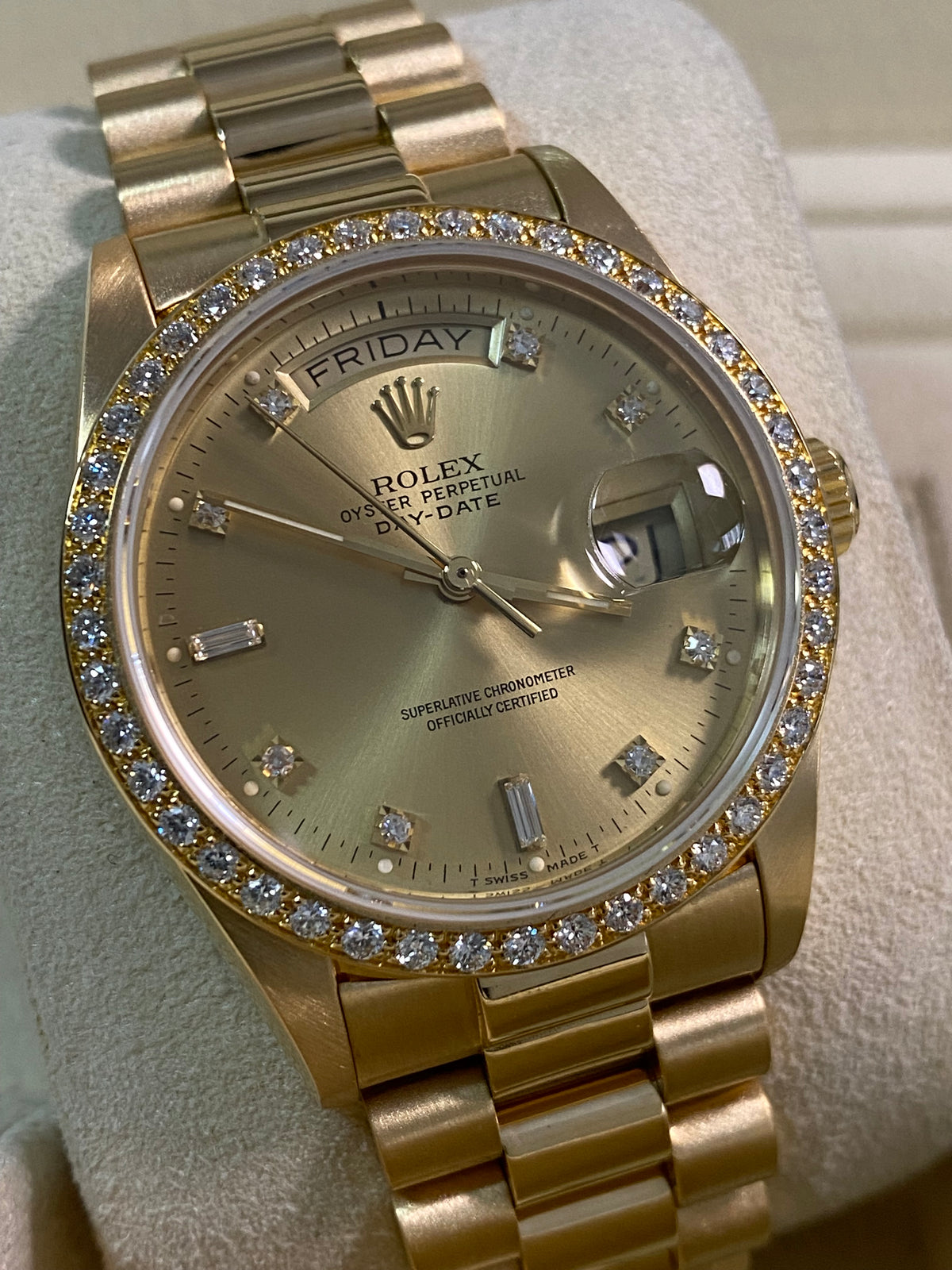 Rolex Yellow Gold Day-Date 36 - Diamond Bezel - Diamond Dial - President Bracelet - 18048