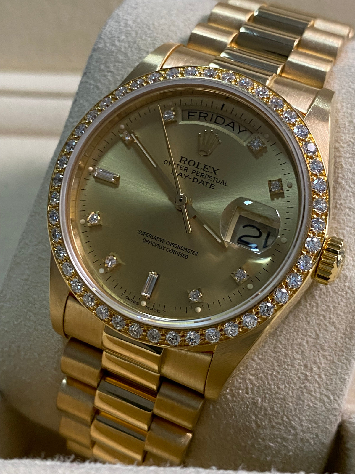 Rolex Yellow Gold Day-Date 36 - Diamond Bezel - Diamond Dial - President Bracelet - 18048