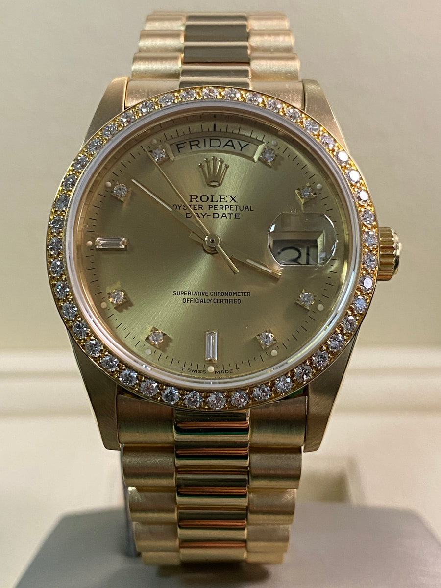 Rolex Yellow Gold Day-Date 36 - Diamond Bezel - Diamond Dial - President Bracelet - 18048