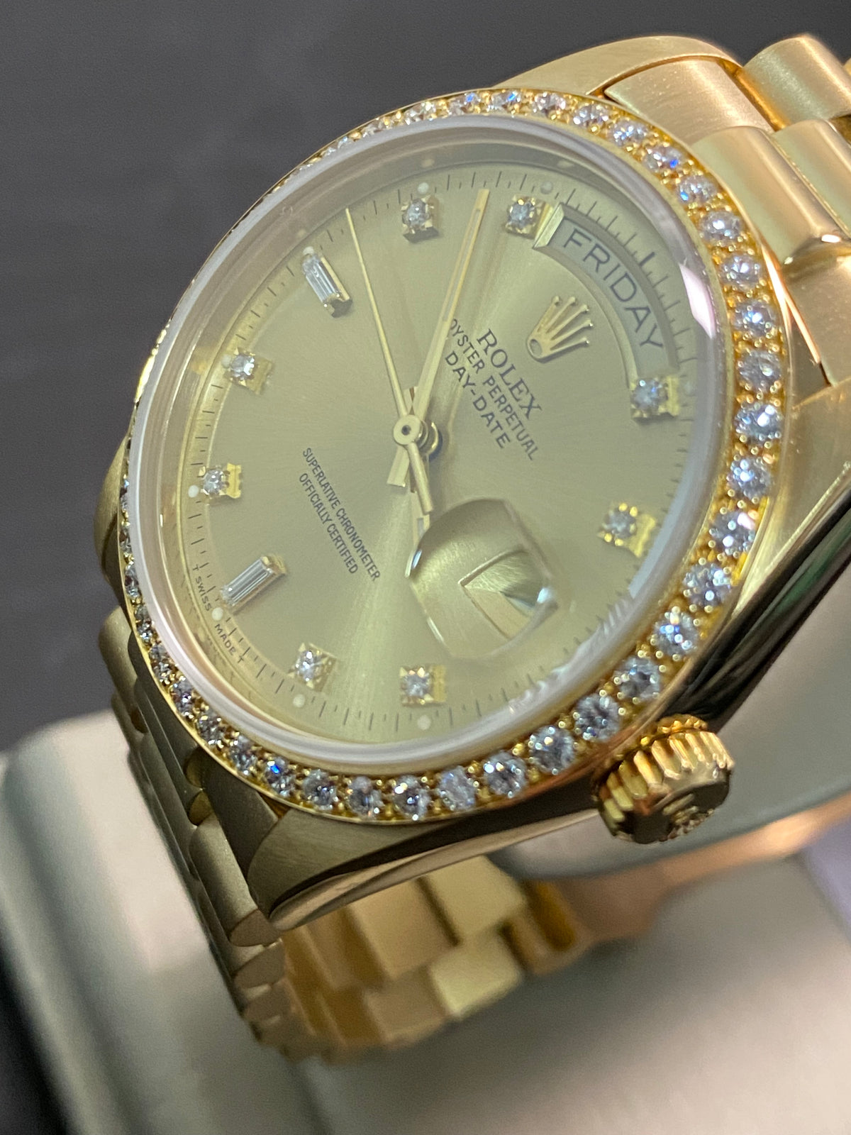 Rolex Yellow Gold Day-Date 36 - Diamond Bezel - Diamond Dial - President Bracelet - 18048