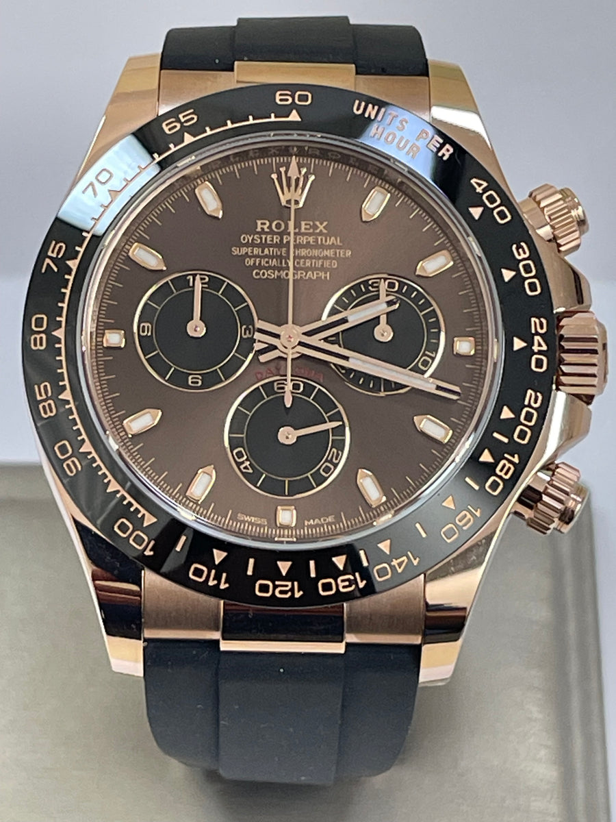 Rolex Everose Gold Cosmograph Daytona - 2023 - Chocolate Index Dial - Black Oysterflex Strap - 116515LN