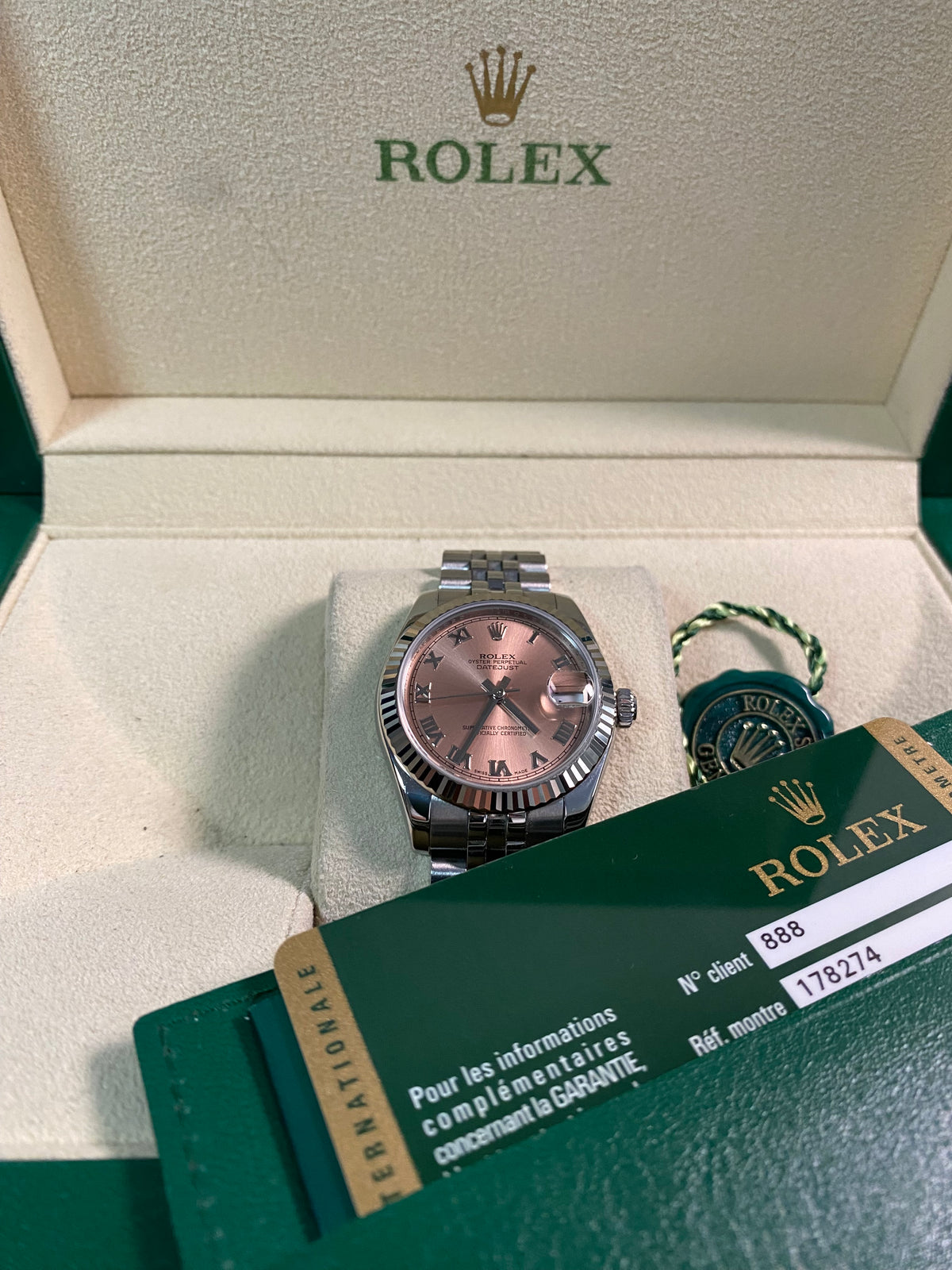 Rolex Steel Datejust 31 - G serial - Fluted Bezel - Pink Roman Dial - Jubilee Bracelet - 178274 *FULL SET*