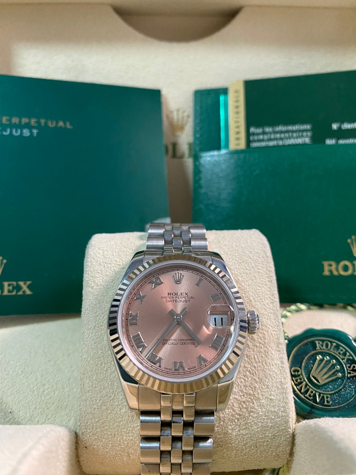 Rolex Steel Datejust 31 - G serial - Fluted Bezel - Pink Roman Dial - Jubilee Bracelet - 178274 *FULL SET*