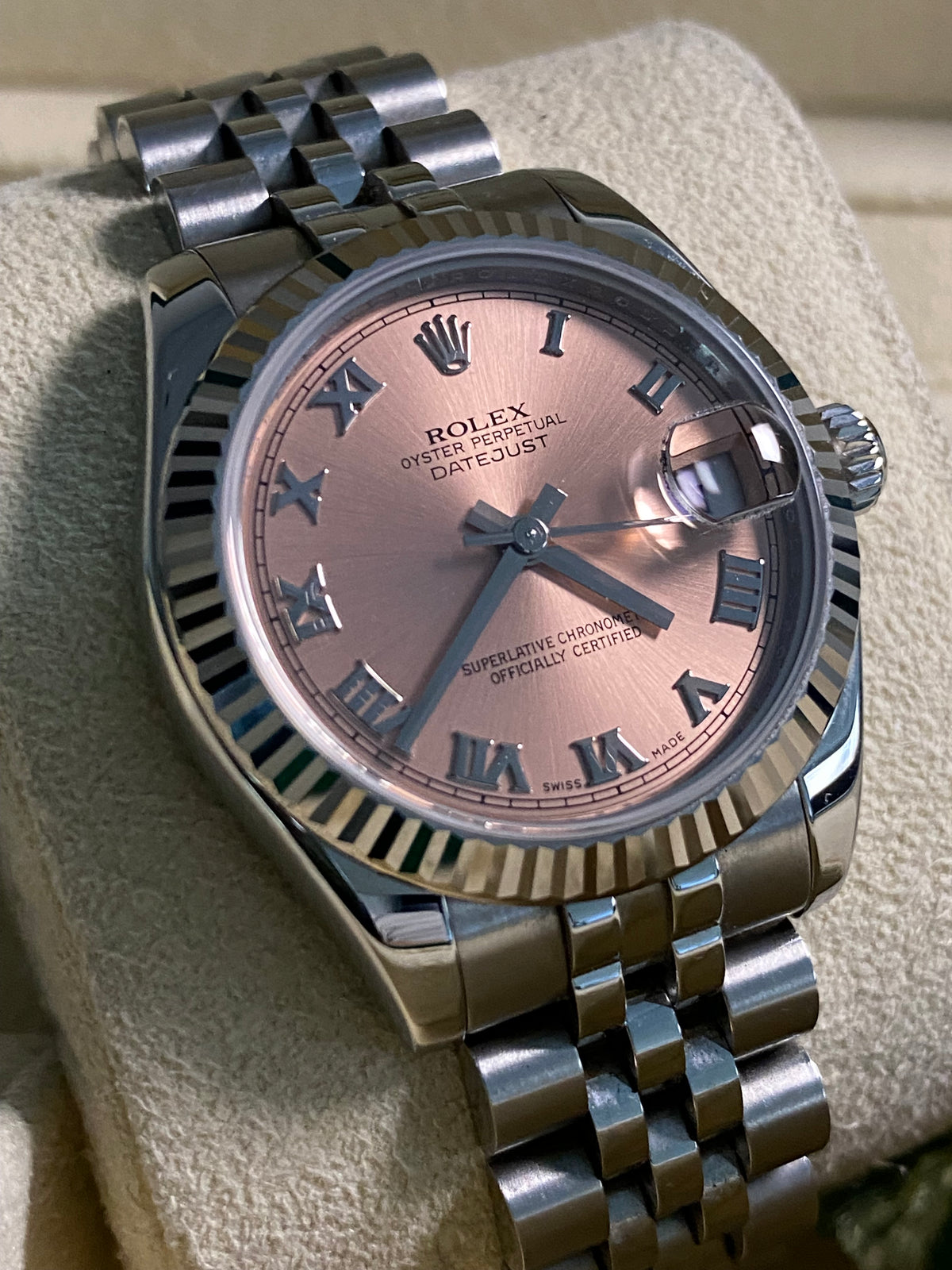 Rolex Steel Datejust 31 - G serial - Fluted Bezel - Pink Roman Dial - Jubilee Bracelet - 178274 *FULL SET*