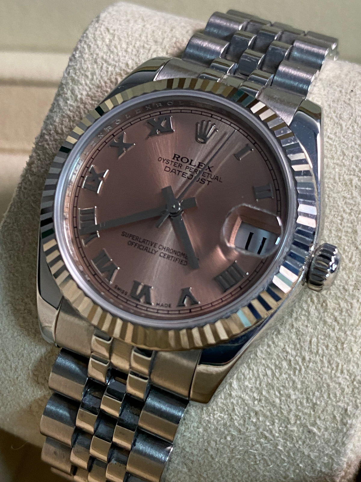 Rolex Steel Datejust 31 - G serial - Fluted Bezel - Pink Roman Dial - Jubilee Bracelet - 178274 *FULL SET*