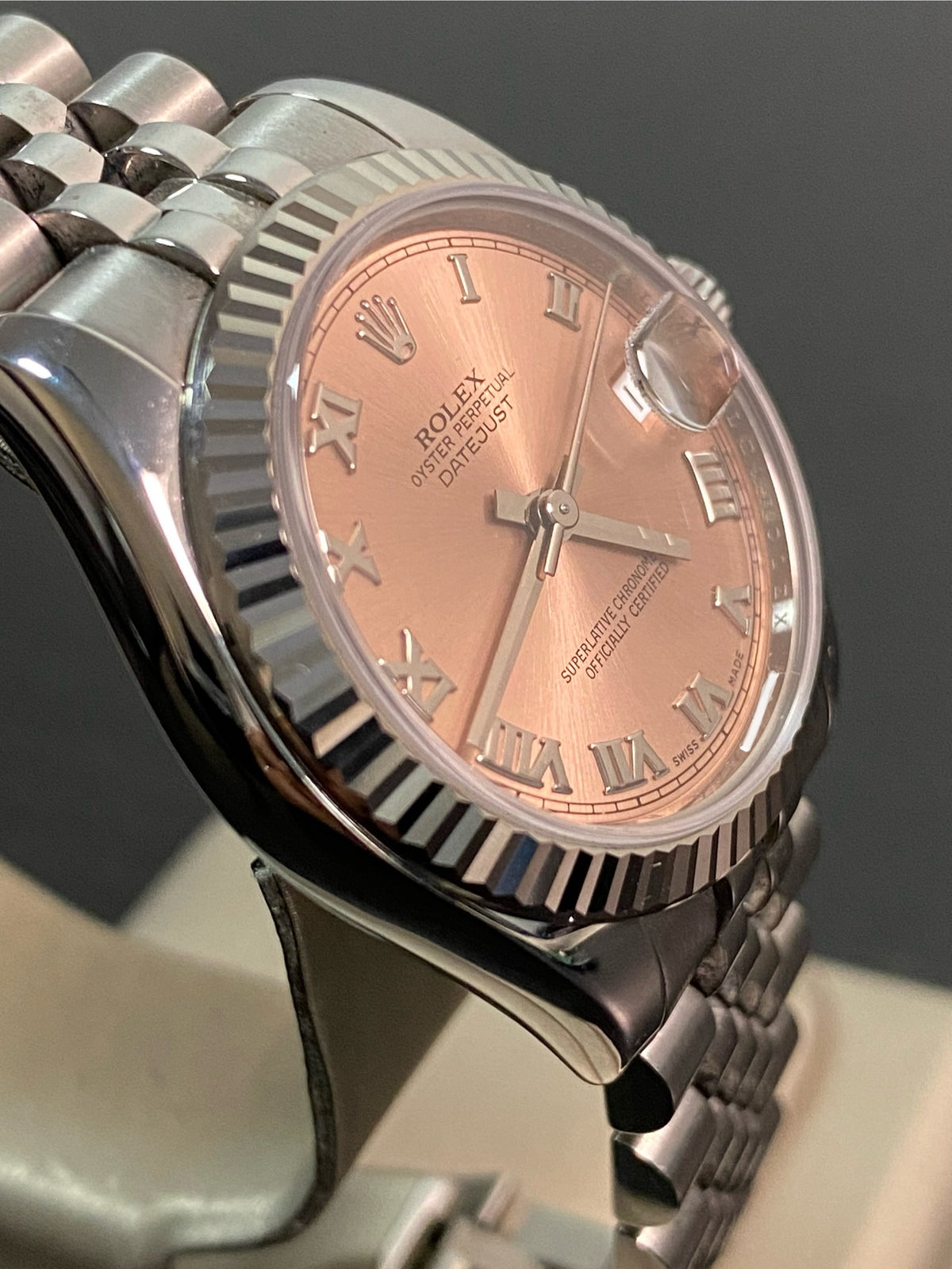 Rolex Steel Datejust 31 - G serial - Fluted Bezel - Pink Roman Dial - Jubilee Bracelet - 178274 *FULL SET*