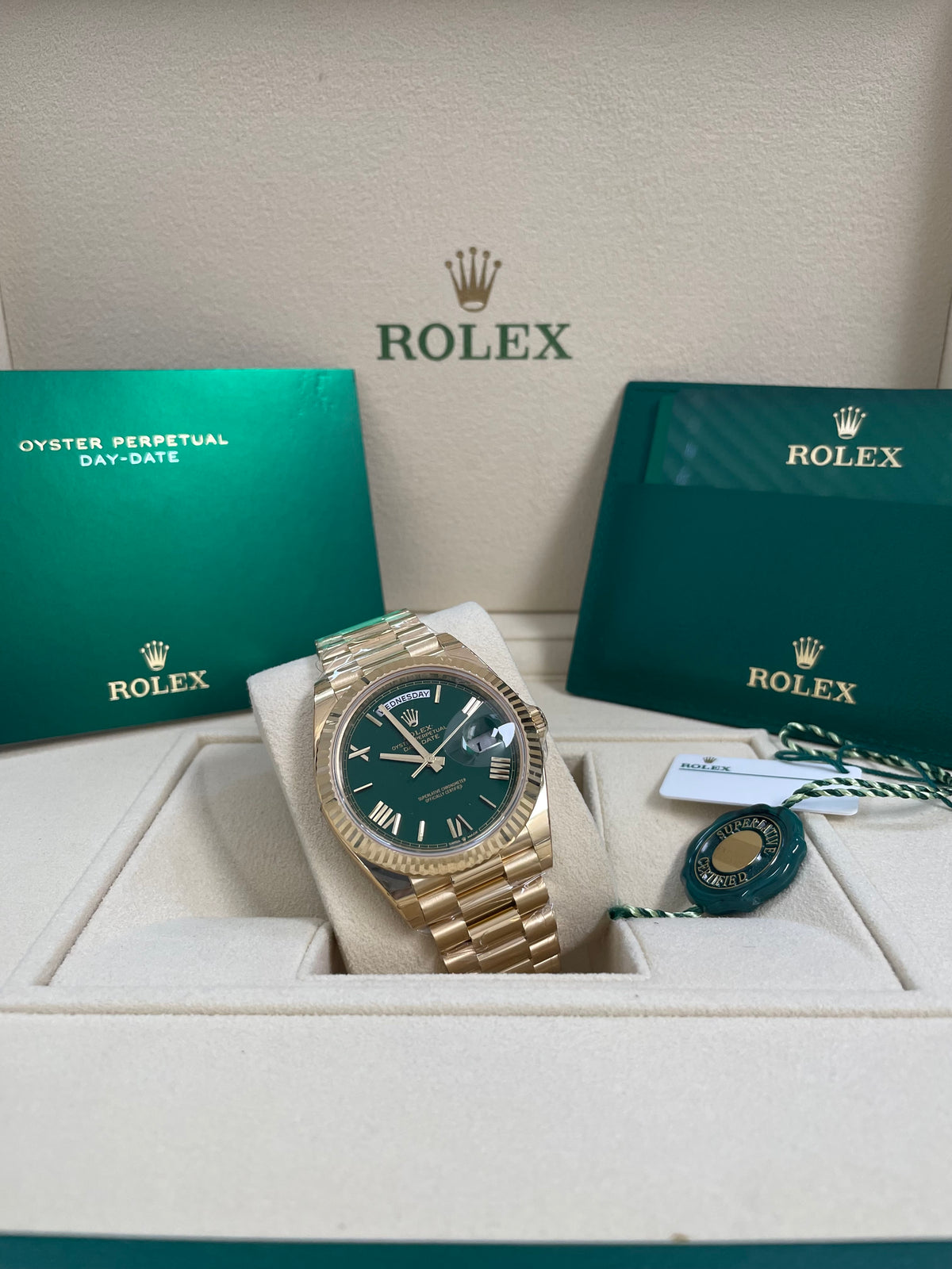 Rolex Yellow Gold Day-Date 40 - 2023 - Fluted Bezel - Green Roman Dial - President Bracelet - 228238