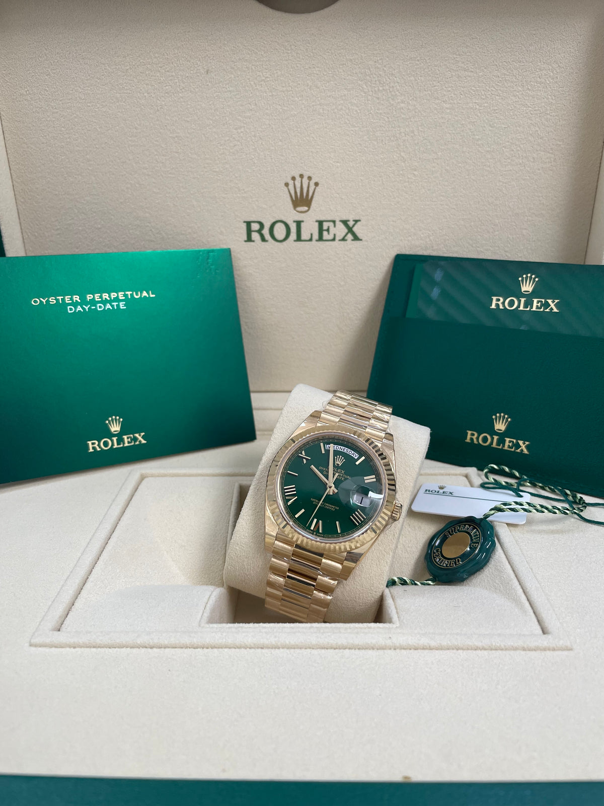 Rolex Yellow Gold Day-Date 40 - 2023 - Fluted Bezel - Green Roman Dial - President Bracelet - 228238