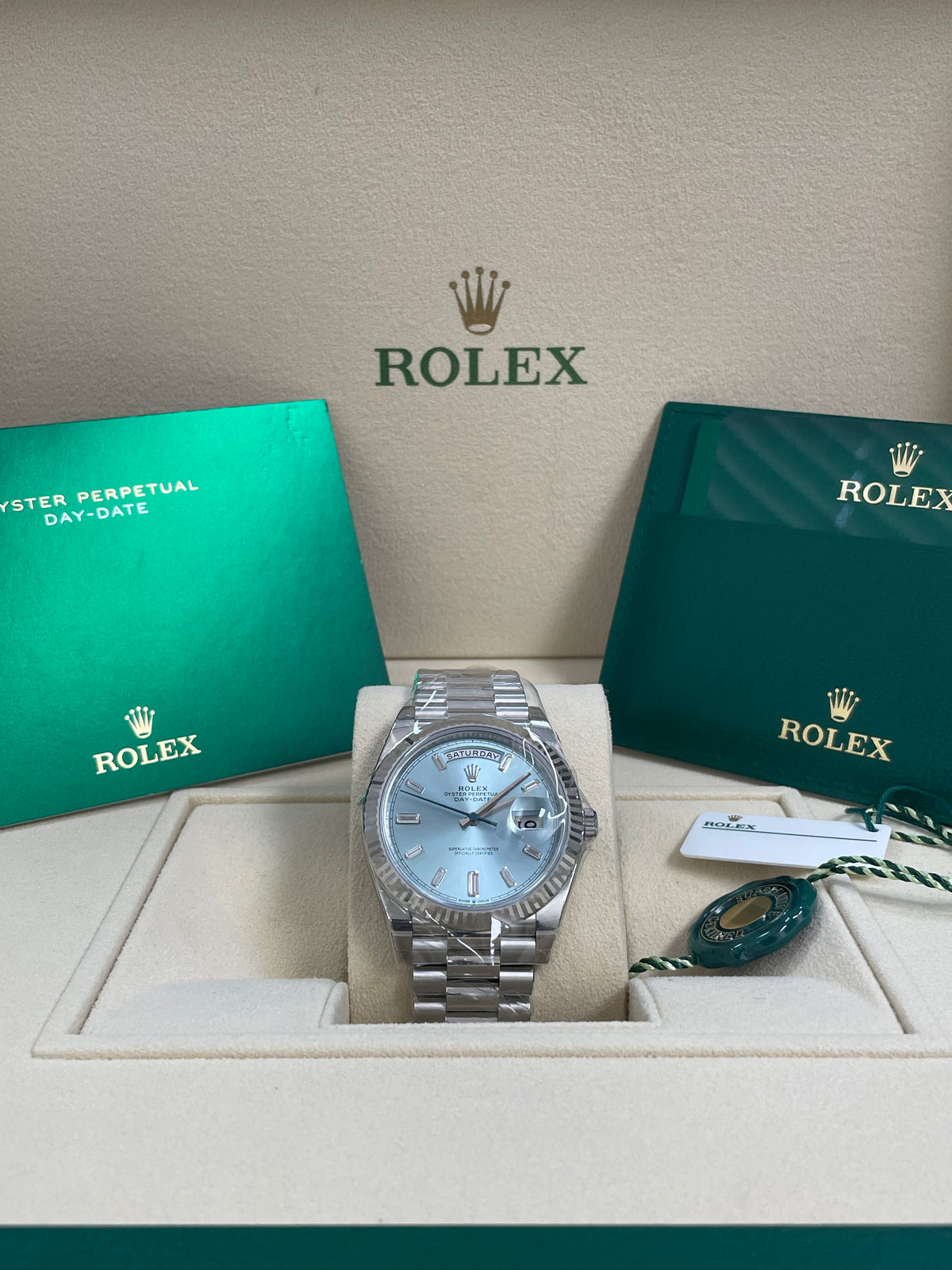 Rolex Platinum Day-Date 40 -  2023 - Fluted Bezel - Ice Blue Baguette Diamond Dial - President Bracelet - 228236