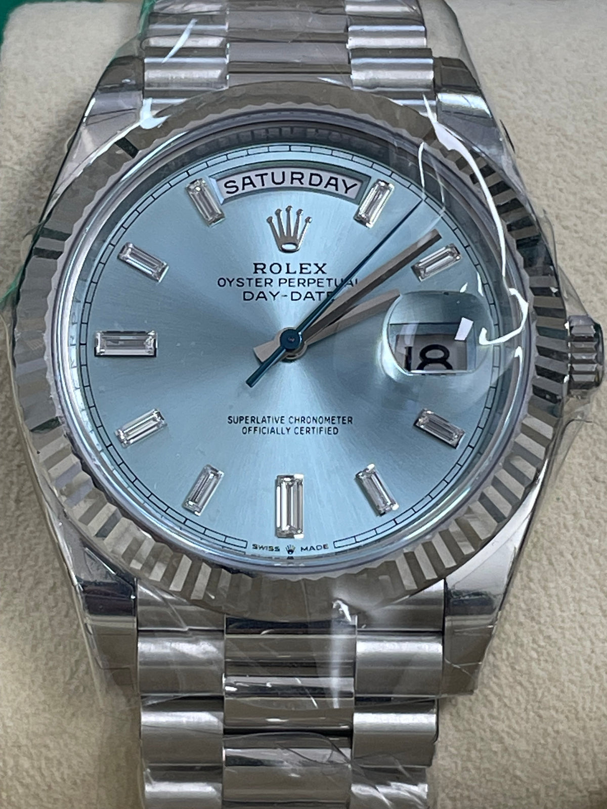 Rolex Platinum Day-Date 40 -  2023 - Fluted Bezel - Ice Blue Baguette Diamond Dial - President Bracelet - 228236