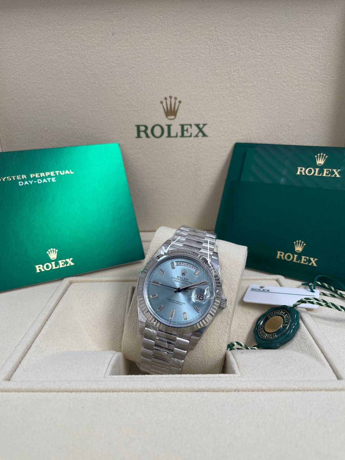 Rolex Platinum Day-Date 40 -  2023 - Fluted Bezel - Ice Blue Baguette Diamond Dial - President Bracelet - 228236