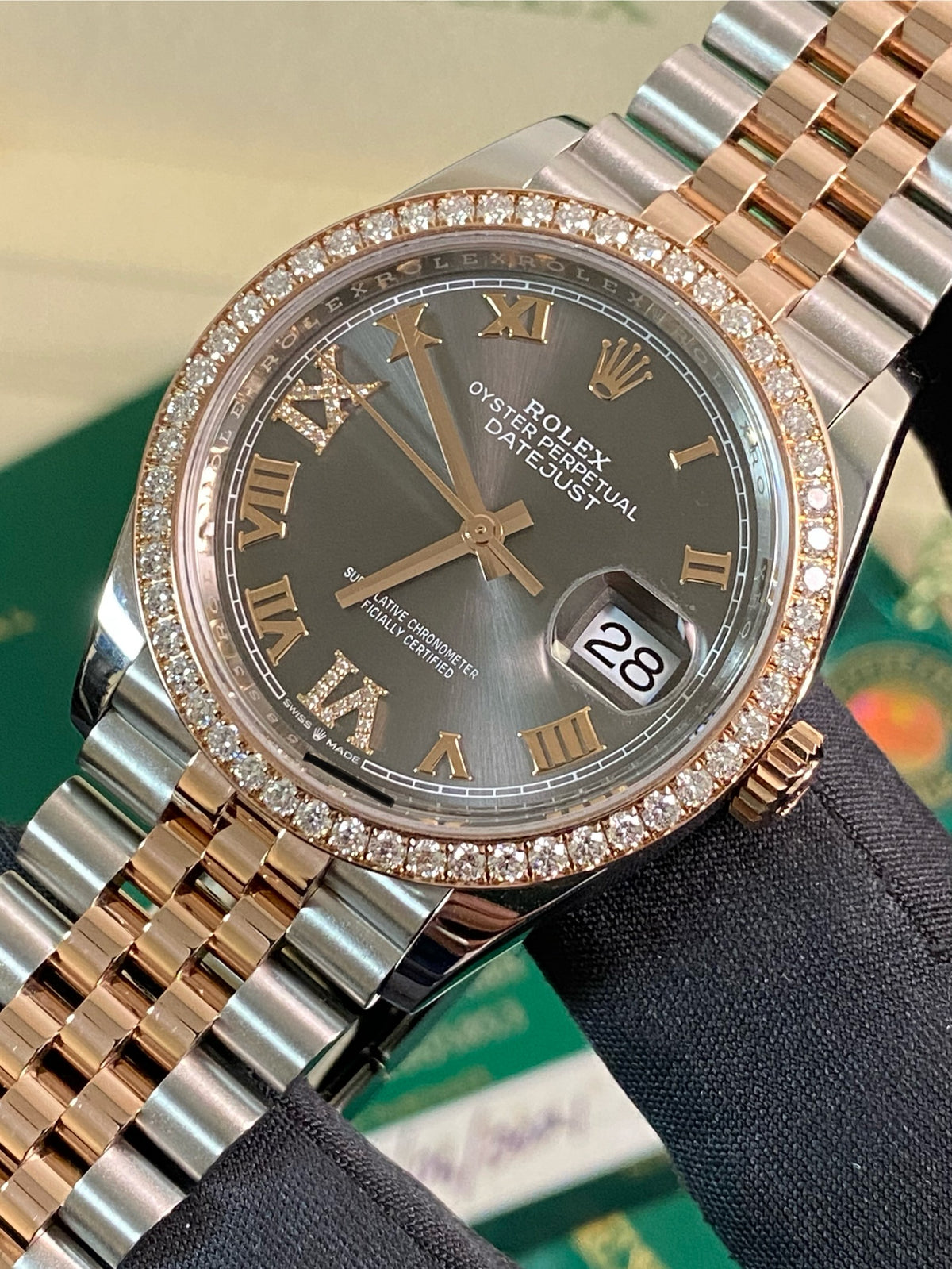 Rolex Steel and Everose Rolesor Datejust 36 - 2024 - Diamond Bezel - Slate Roman Dial - Jubilee Bracelet - 126281RBR *FULL SET*