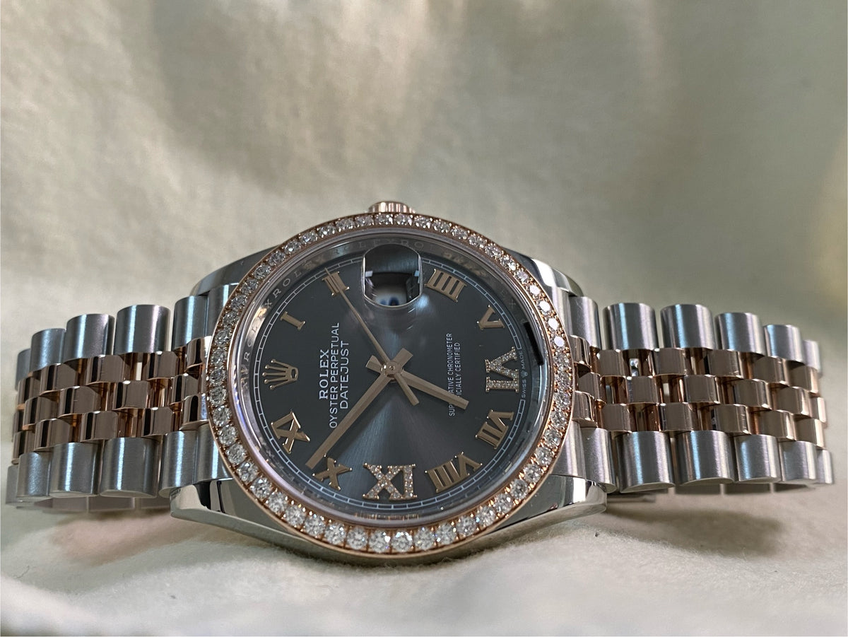 Rolex Steel and Everose Rolesor Datejust 36 - 2024 - Diamond Bezel - Slate Roman Dial - Jubilee Bracelet - 126281RBR *FULL SET*