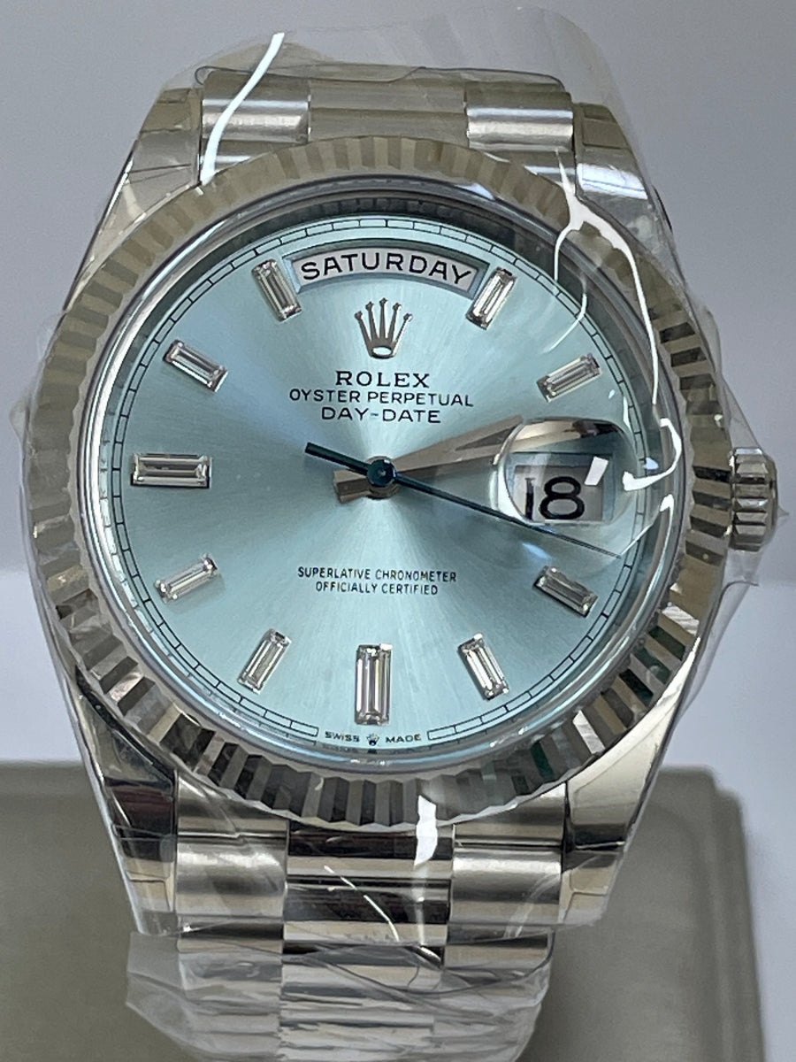 Rolex Platinum Day-Date 40 -  2023 - Fluted Bezel - Ice Blue Baguette Diamond Dial - President Bracelet - 228236