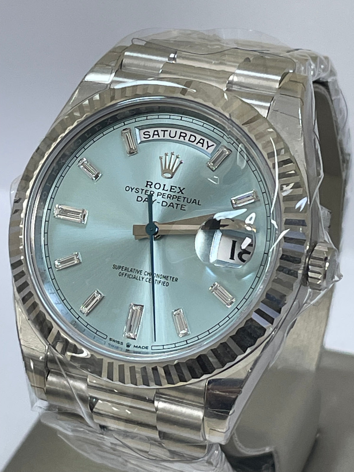 Rolex Platinum Day-Date 40 -  2023 - Fluted Bezel - Ice Blue Baguette Diamond Dial - President Bracelet - 228236