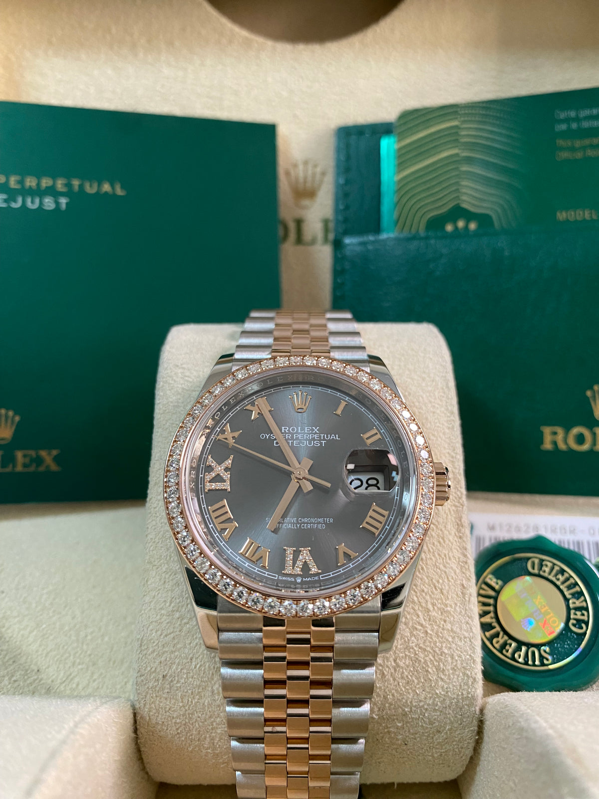 Rolex Steel and Everose Rolesor Datejust 36 - 2024 - Diamond Bezel - Slate Roman Dial - Jubilee Bracelet - 126281RBR *FULL SET*