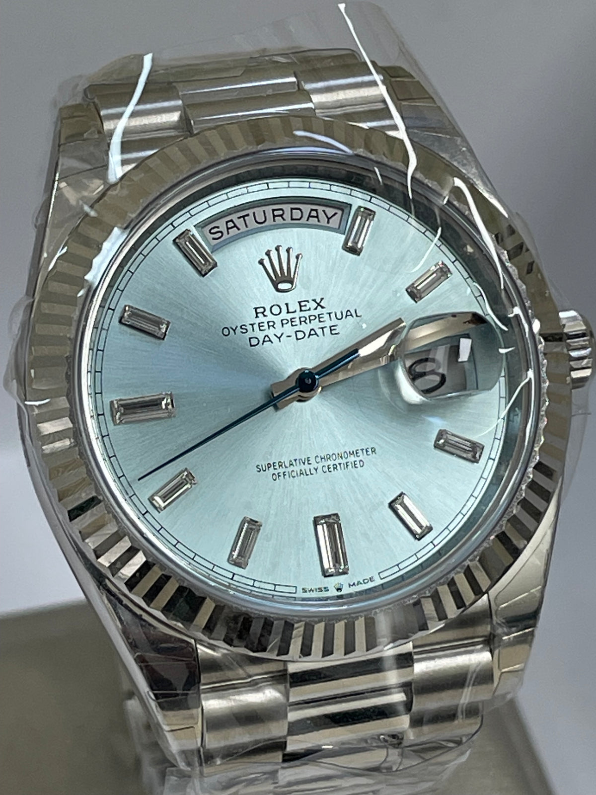 Rolex Platinum Day-Date 40 -  2023 - Fluted Bezel - Ice Blue Baguette Diamond Dial - President Bracelet - 228236