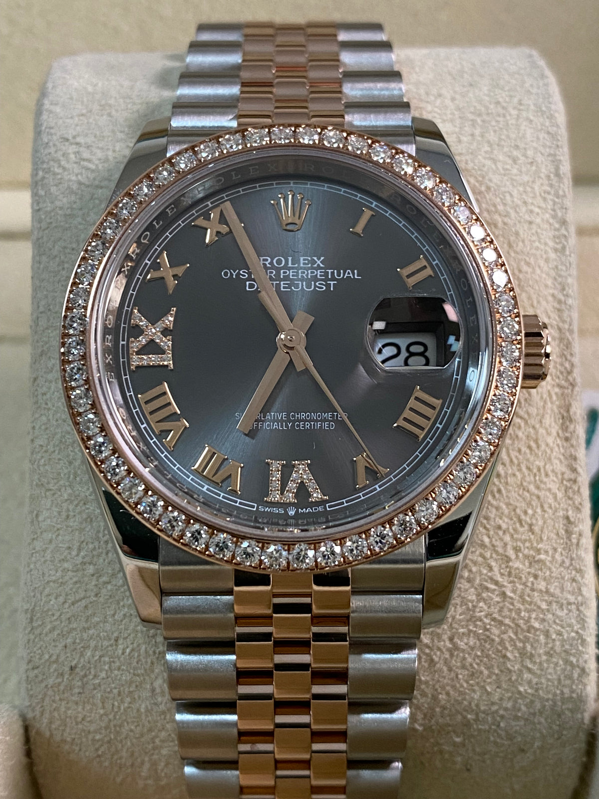 Rolex Steel and Everose Rolesor Datejust 36 - 2024 - Diamond Bezel - Slate Roman Dial - Jubilee Bracelet - 126281RBR *FULL SET*