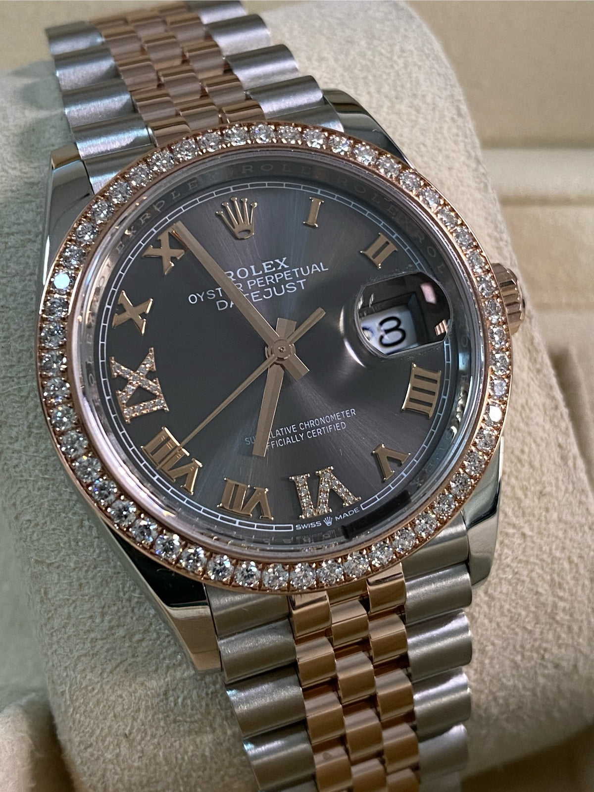 Rolex Steel and Everose Rolesor Datejust 36 - 2024 - Diamond Bezel - Slate Roman Dial - Jubilee Bracelet - 126281RBR *FULL SET*