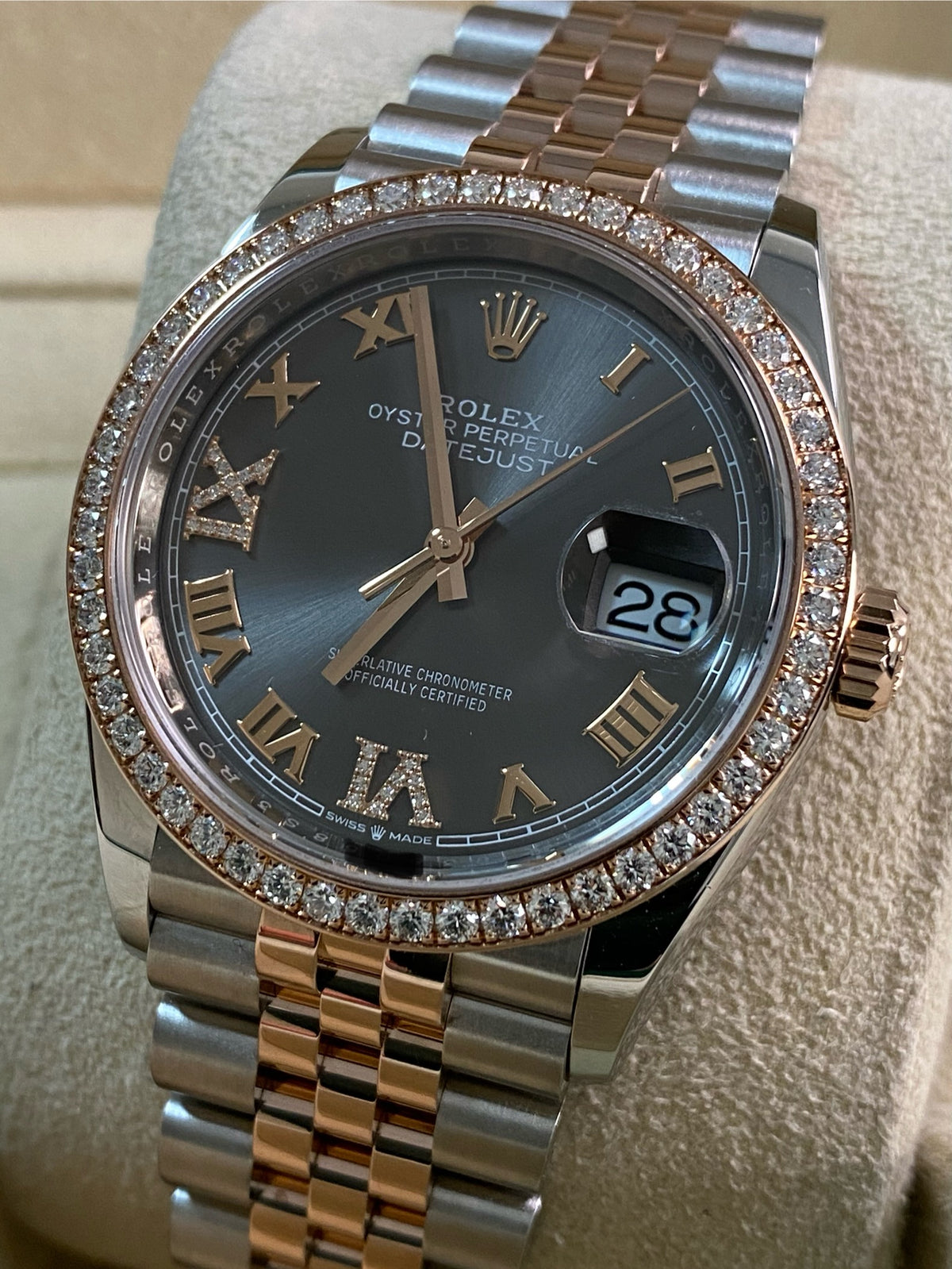 Rolex Steel and Everose Rolesor Datejust 36 - 2024 - Diamond Bezel - Slate Roman Dial - Jubilee Bracelet - 126281RBR *FULL SET*