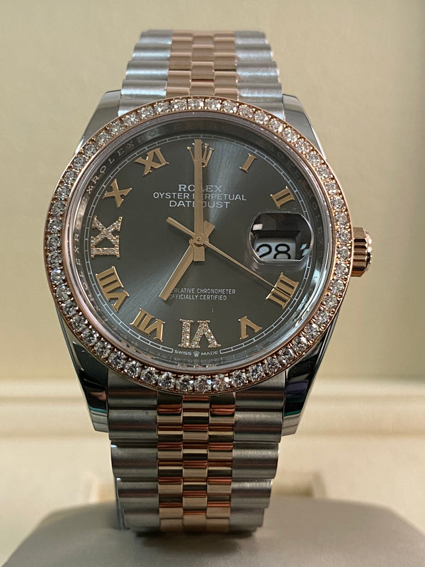 Rolex Steel and Everose Rolesor Datejust 36 - 2024 - Diamond Bezel - Slate Roman Dial - Jubilee Bracelet - 126281RBR *FULL SET*