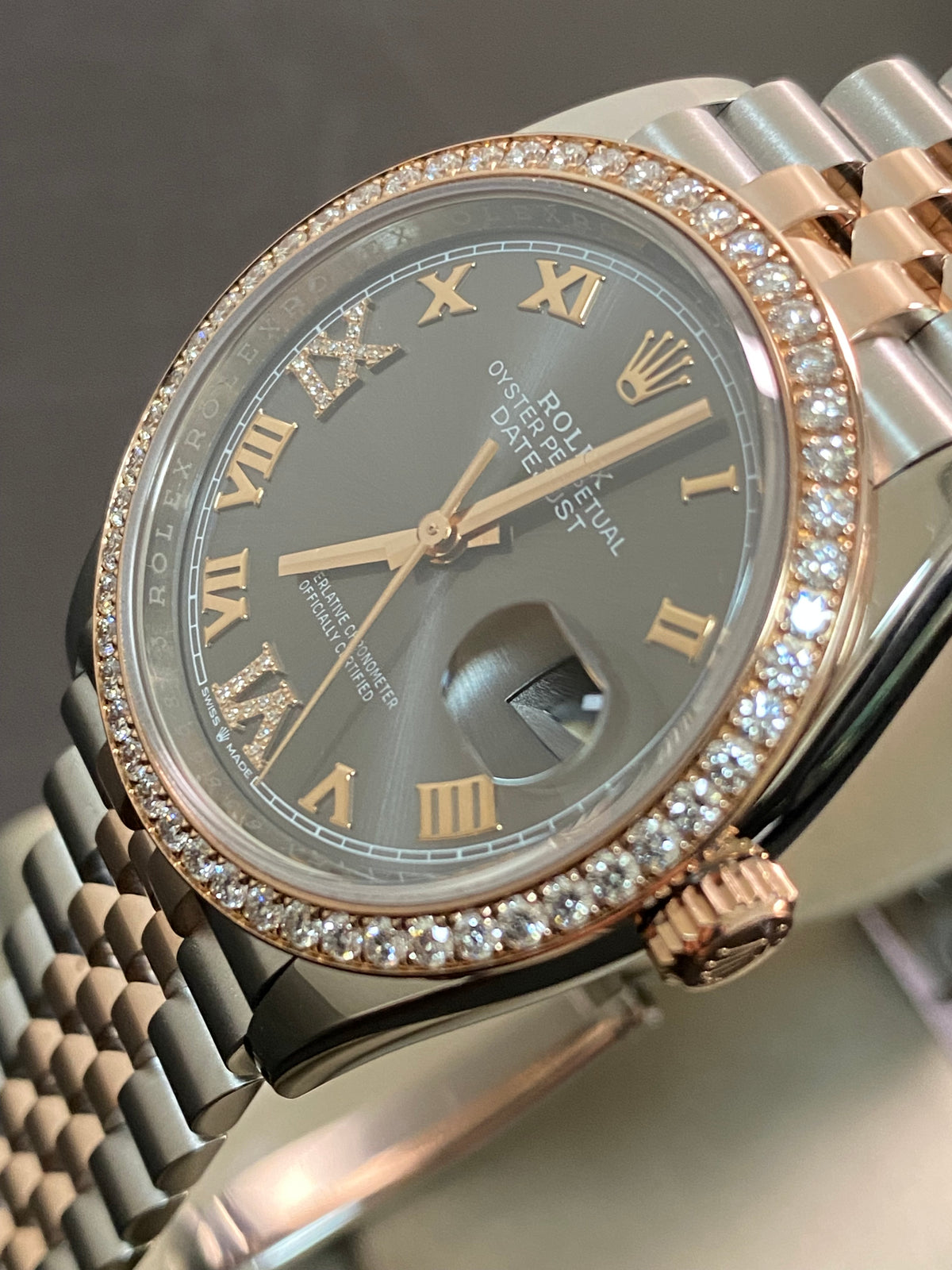 Rolex Steel and Everose Rolesor Datejust 36 - 2024 - Diamond Bezel - Slate Roman Dial - Jubilee Bracelet - 126281RBR *FULL SET*