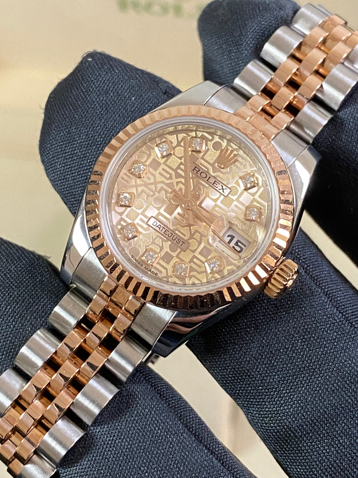 Rolex Everose Gold and Steel Lady-Datejust 26 - M serial - Fluted Bezel - Factory Diamond Dial - Jubilee Bracelet - 179171