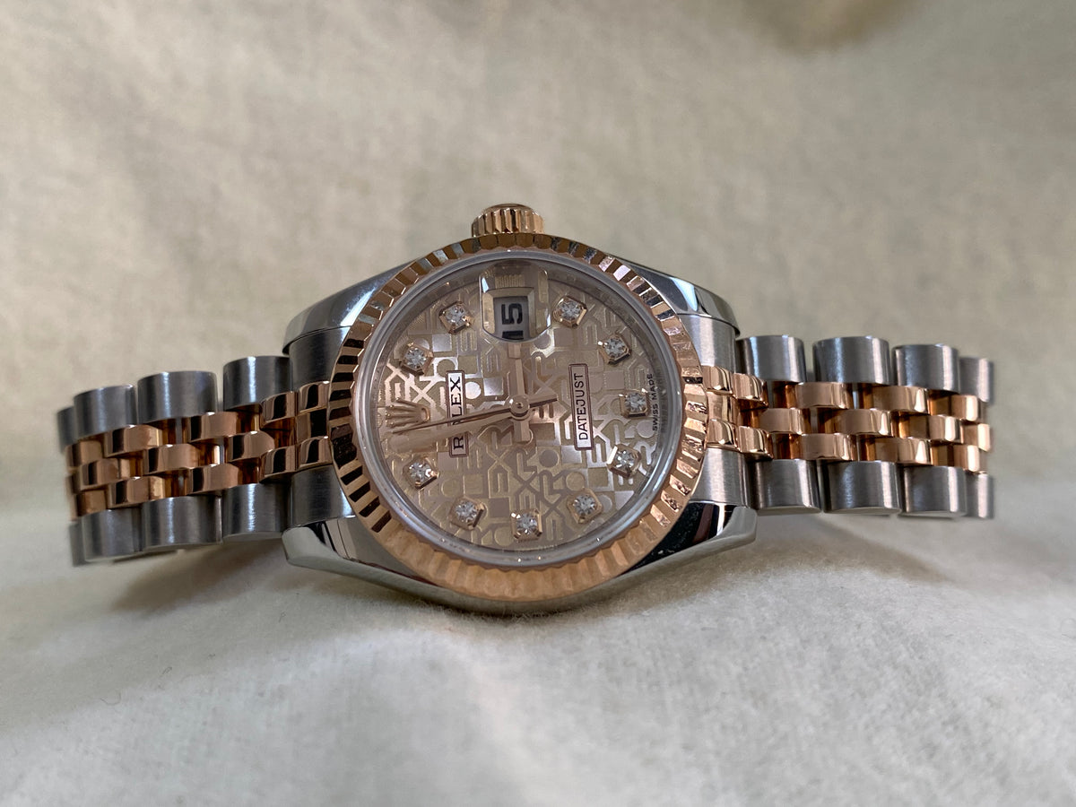 Rolex Everose Gold and Steel Lady-Datejust 26 - M serial - Fluted Bezel - Factory Diamond Dial - Jubilee Bracelet - 179171