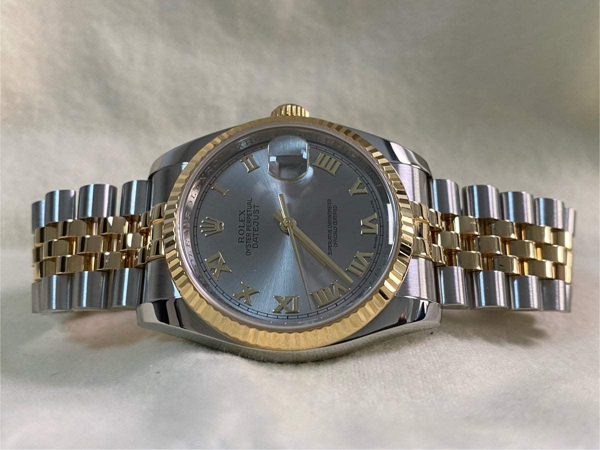 Rolex Steel and Yellow Gold Datejust 36 - V serial - Fluted Bezel - Silver Rhodium Roman Dial - Jubilee Bracelet - 116233 *FULL SET*