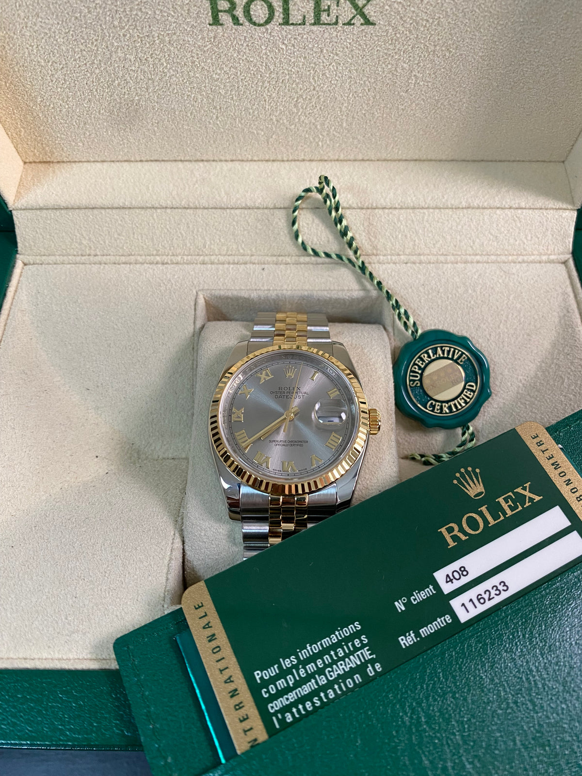 Rolex Steel and Yellow Gold Datejust 36 - V serial - Fluted Bezel - Silver Rhodium Roman Dial - Jubilee Bracelet - 116233 *FULL SET*