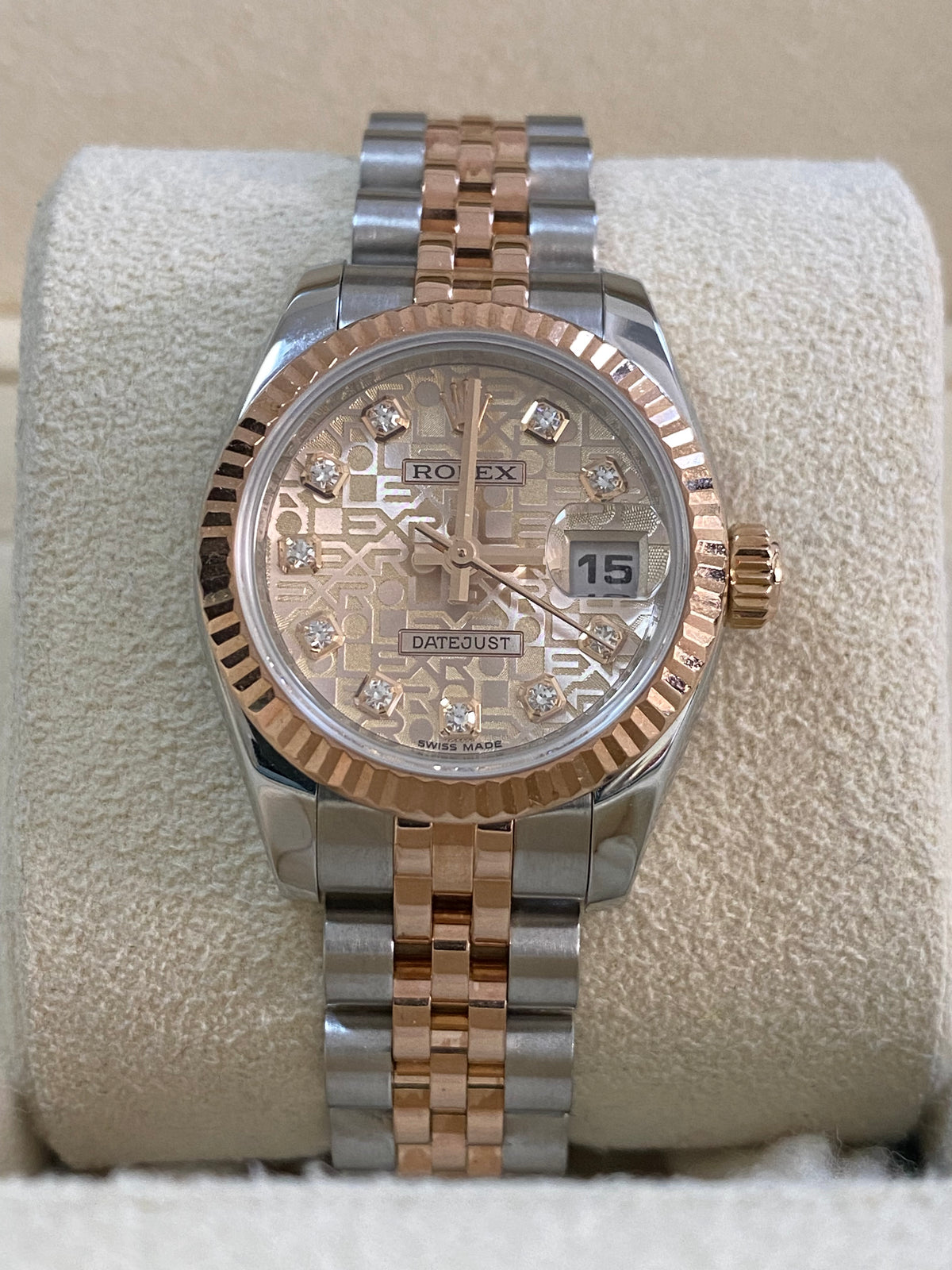 Rolex Everose Gold and Steel Lady-Datejust 26 - M serial - Fluted Bezel - Factory Diamond Dial - Jubilee Bracelet - 179171