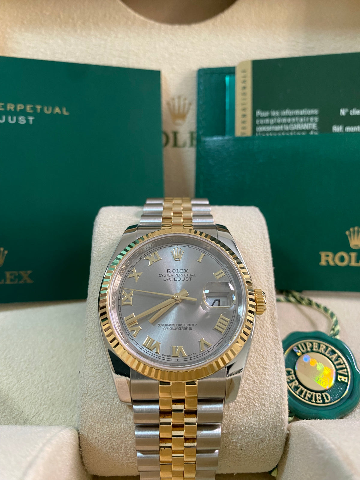 Rolex Steel and Yellow Gold Datejust 36 - V serial - Fluted Bezel - Silver Rhodium Roman Dial - Jubilee Bracelet - 116233 *FULL SET*