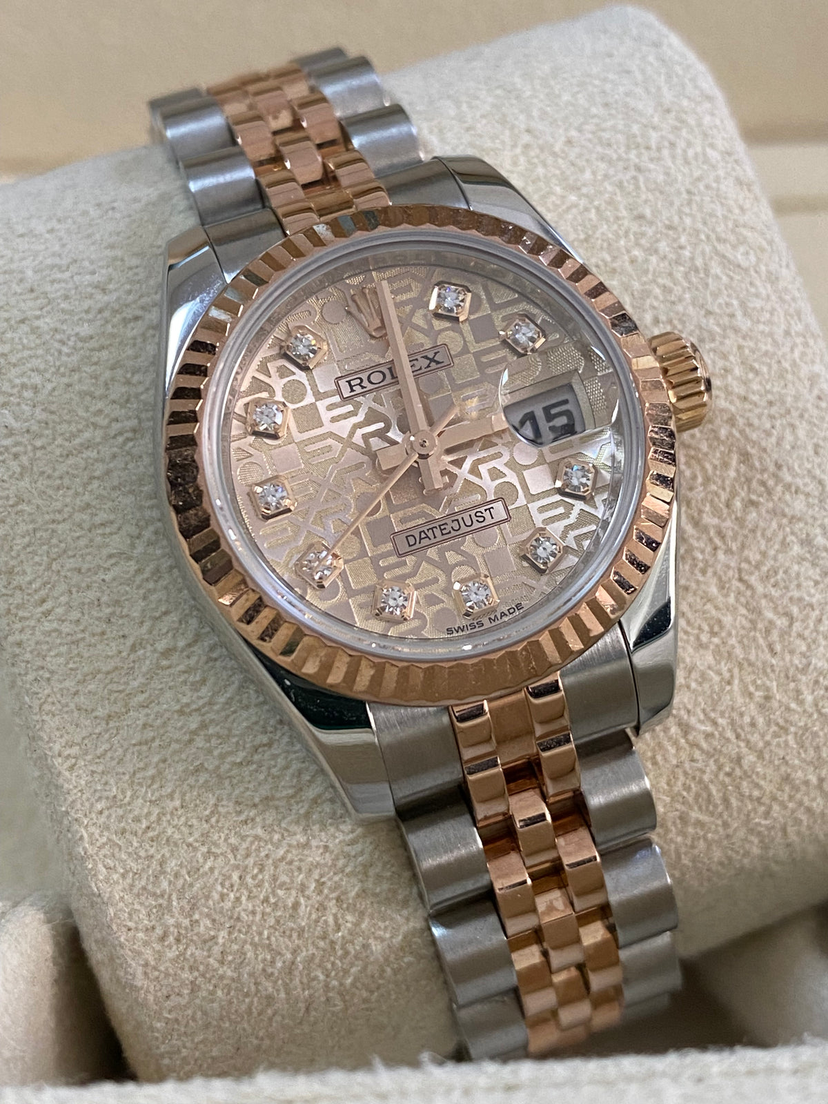 Rolex Everose Gold and Steel Lady-Datejust 26 - M serial - Fluted Bezel - Factory Diamond Dial - Jubilee Bracelet - 179171