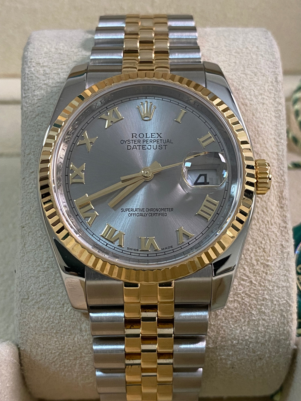 Rolex Steel and Yellow Gold Datejust 36 - V serial - Fluted Bezel - Silver Rhodium Roman Dial - Jubilee Bracelet - 116233 *FULL SET*