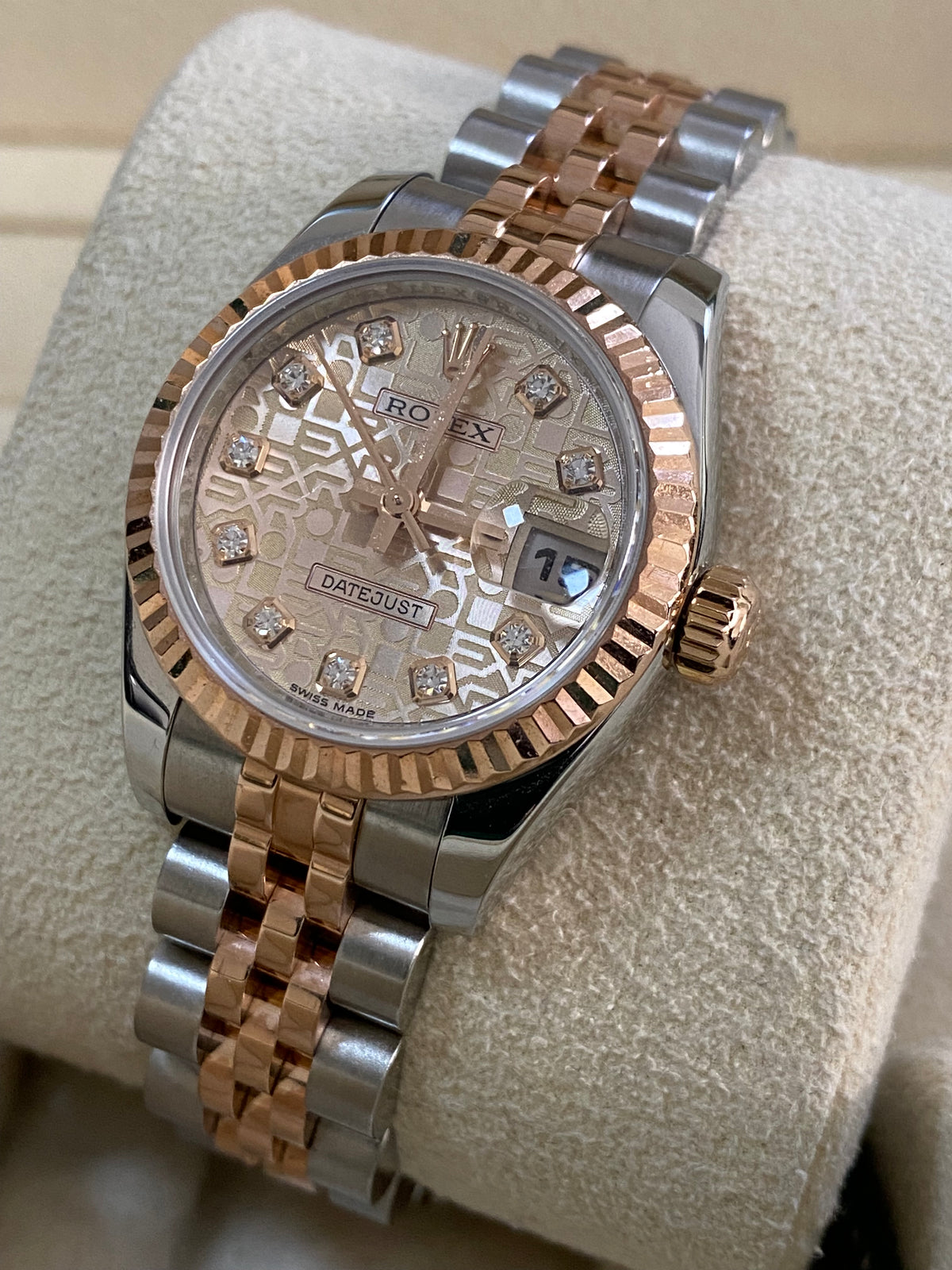 Rolex Everose Gold and Steel Lady-Datejust 26 - M serial - Fluted Bezel - Factory Diamond Dial - Jubilee Bracelet - 179171