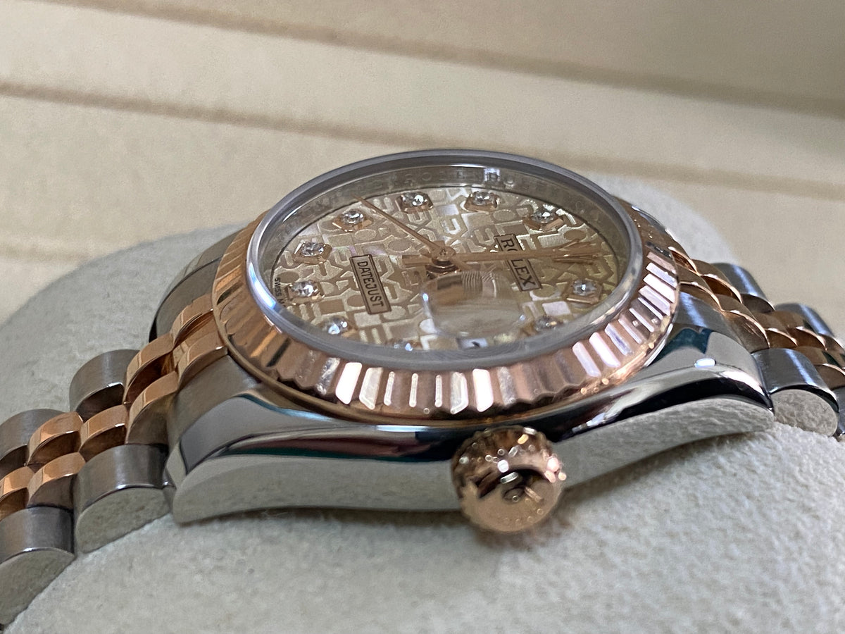 Rolex Everose Gold and Steel Lady-Datejust 26 - M serial - Fluted Bezel - Factory Diamond Dial - Jubilee Bracelet - 179171