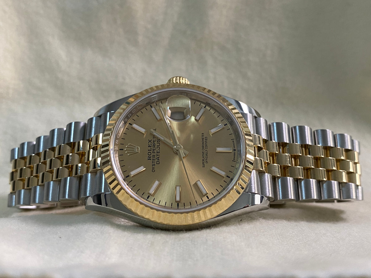 Rolex Steel and Yellow Gold Datejust 36 - 2019 - Fluted Bezel - Champagne Index Dial - Jubilee Bracelet - 126233 *FULL SET*