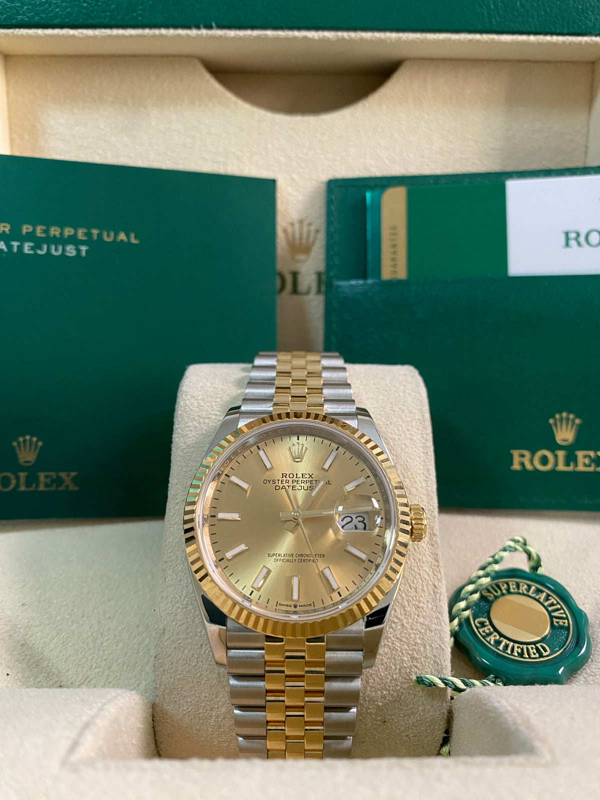 Rolex Steel and Yellow Gold Datejust 36 - 2019 - Fluted Bezel - Champagne Index Dial - Jubilee Bracelet - 126233 *FULL SET*