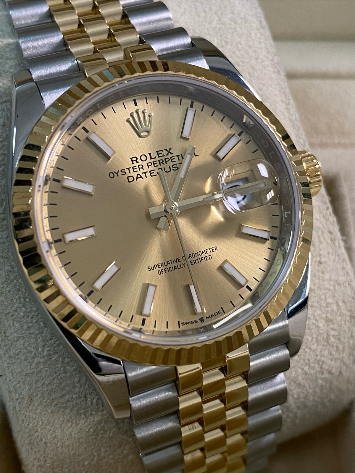 Rolex Steel and Yellow Gold Datejust 36 - 2019 - Fluted Bezel - Champagne Index Dial - Jubilee Bracelet - 126233 *FULL SET*