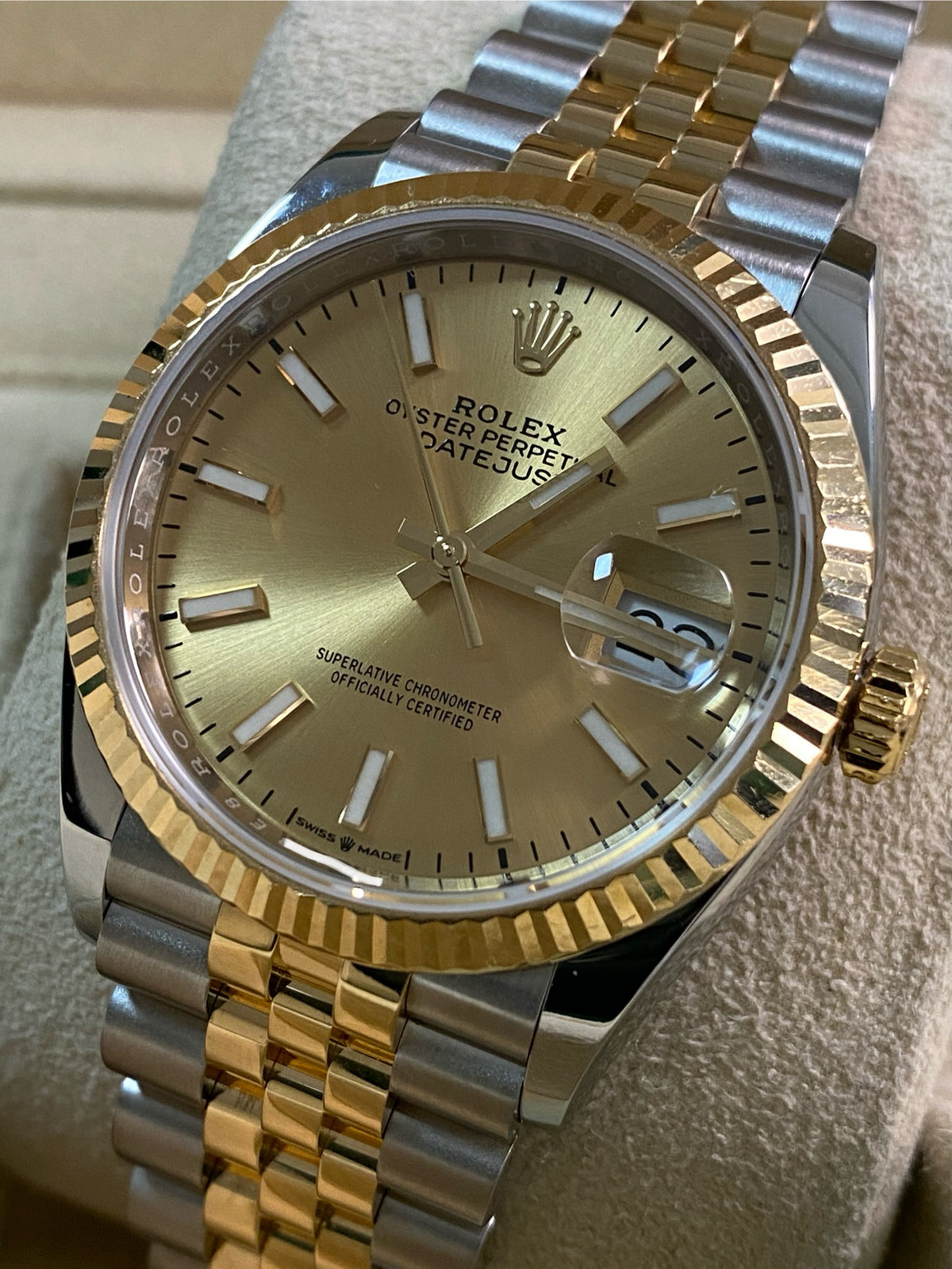 Rolex Steel and Yellow Gold Datejust 36 - 2019 - Fluted Bezel - Champagne Index Dial - Jubilee Bracelet - 126233 *FULL SET*