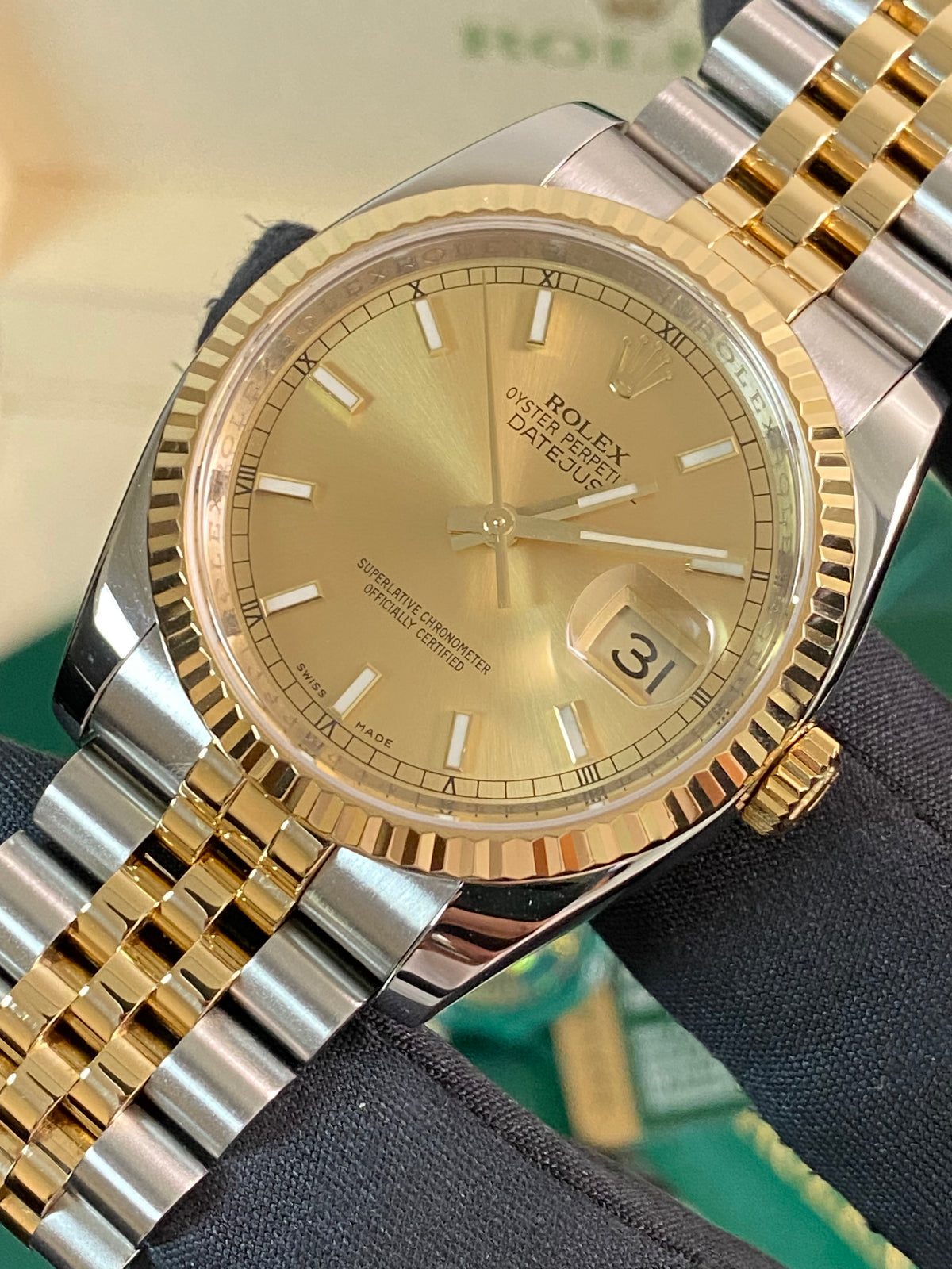 Rolex Steel and Yellow Gold Datejust 36 - M serial - Fluted Bezel - Champagne Index Dial - Jubilee Bracelet - 116233 *FULL SET*