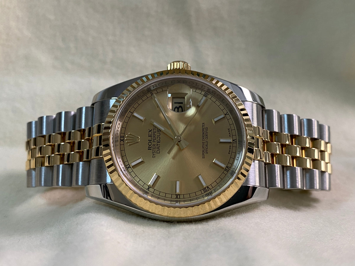 Rolex Steel and Yellow Gold Datejust 36 - M serial - Fluted Bezel - Champagne Index Dial - Jubilee Bracelet - 116233 *FULL SET*