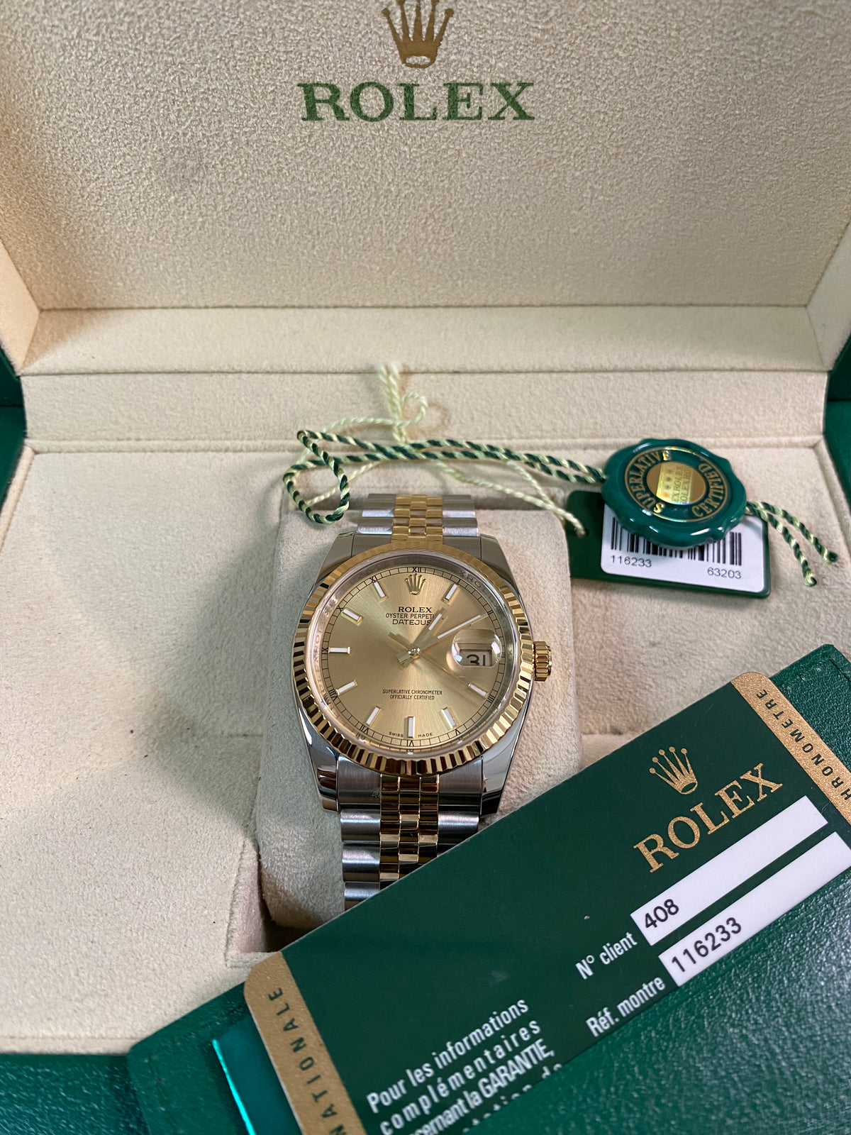 Rolex Steel and Yellow Gold Datejust 36 - M serial - Fluted Bezel - Champagne Index Dial - Jubilee Bracelet - 116233 *FULL SET*