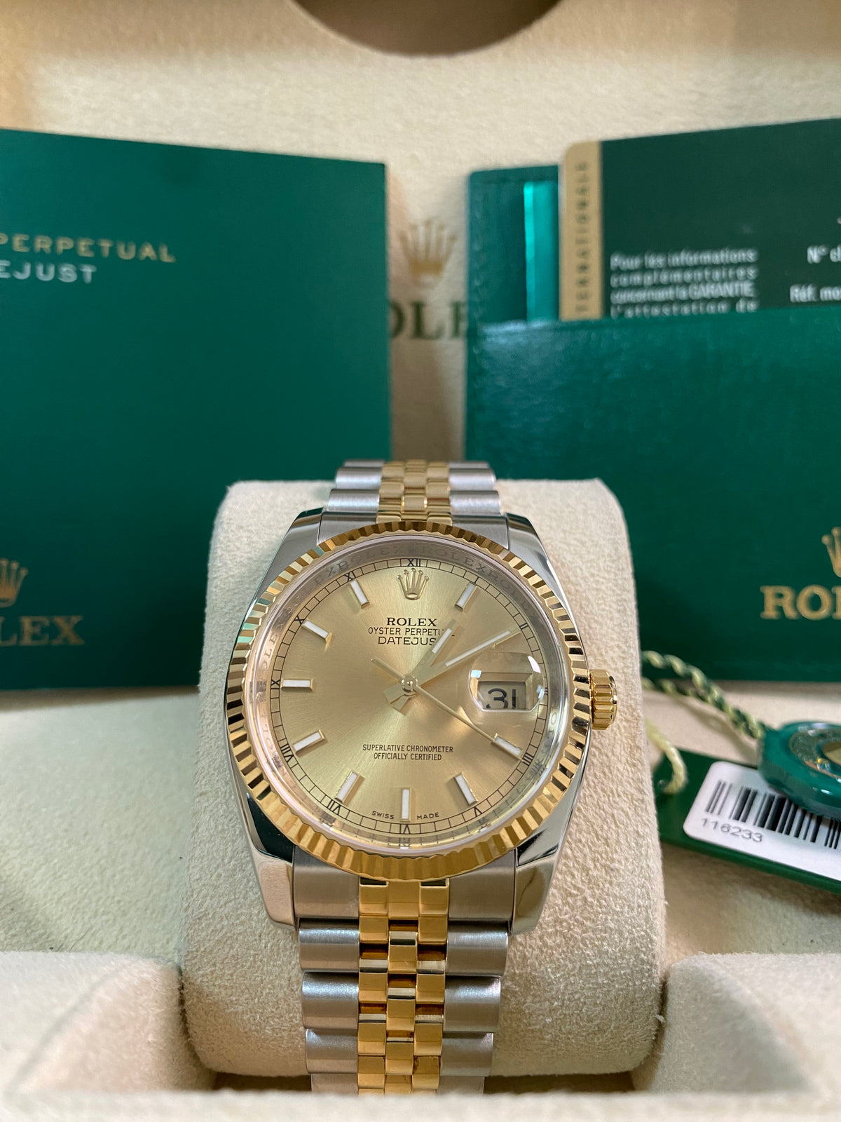 Rolex Steel and Yellow Gold Datejust 36 - M serial - Fluted Bezel - Champagne Index Dial - Jubilee Bracelet - 116233 *FULL SET*