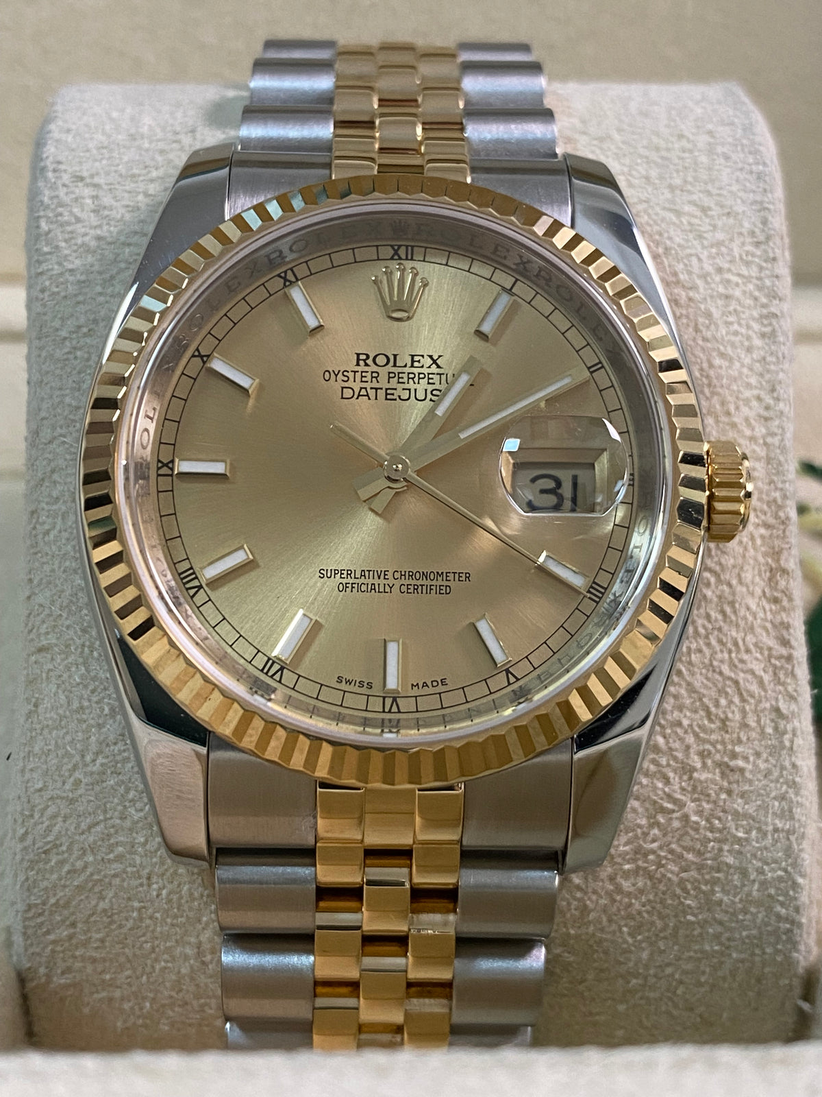 Rolex Steel and Yellow Gold Datejust 36 - M serial - Fluted Bezel - Champagne Index Dial - Jubilee Bracelet - 116233 *FULL SET*