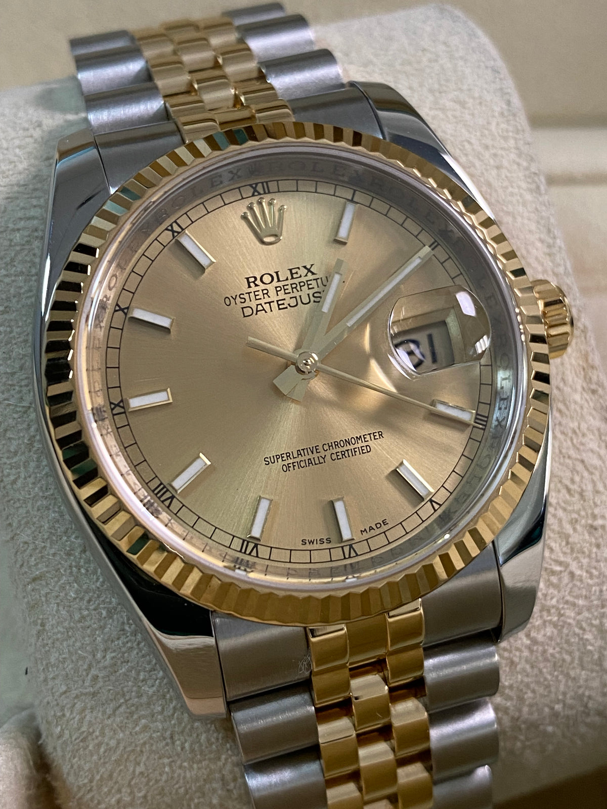 Rolex Steel and Yellow Gold Datejust 36 - M serial - Fluted Bezel - Champagne Index Dial - Jubilee Bracelet - 116233 *FULL SET*