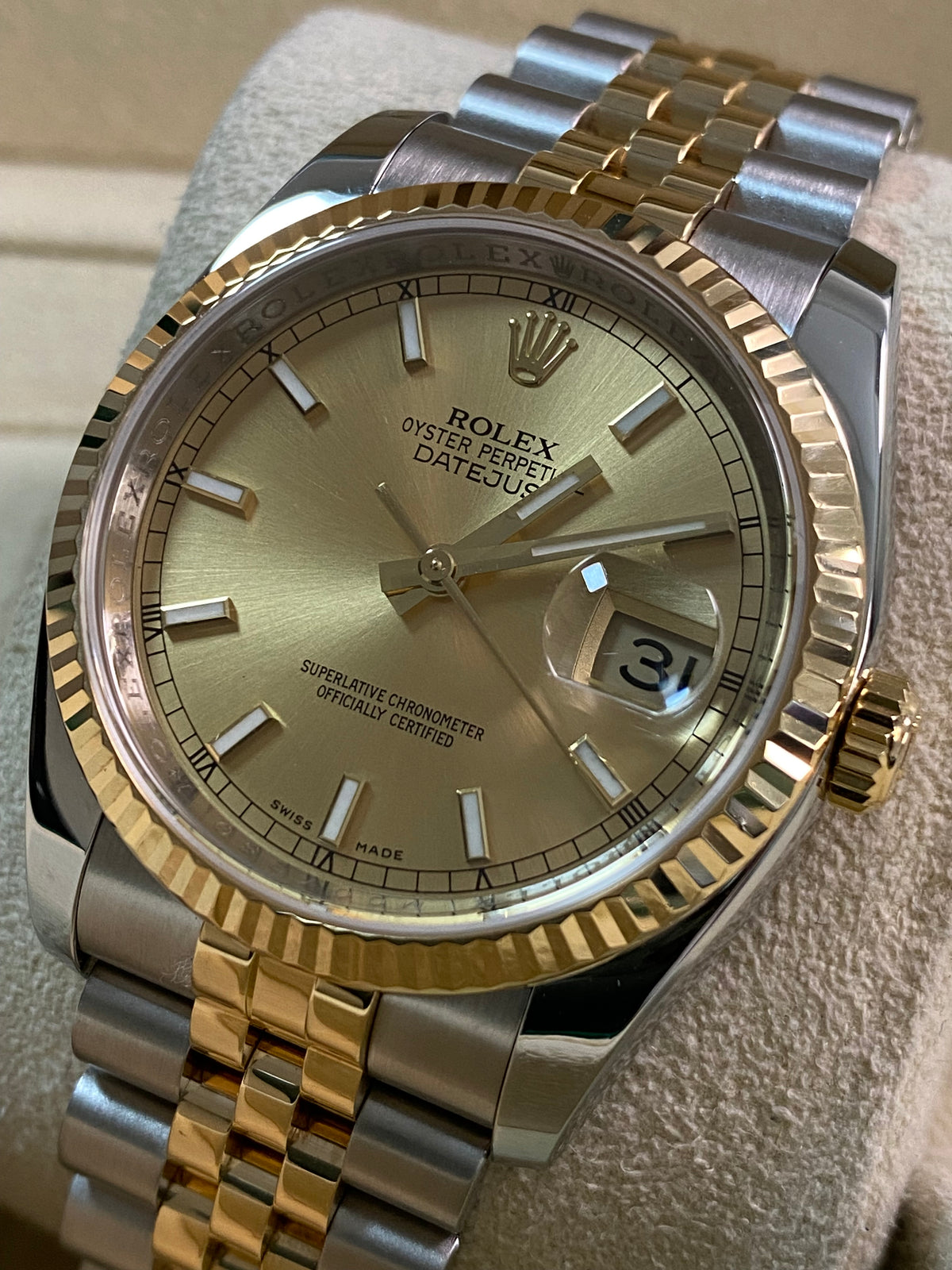 Rolex Steel and Yellow Gold Datejust 36 - M serial - Fluted Bezel - Champagne Index Dial - Jubilee Bracelet - 116233 *FULL SET*