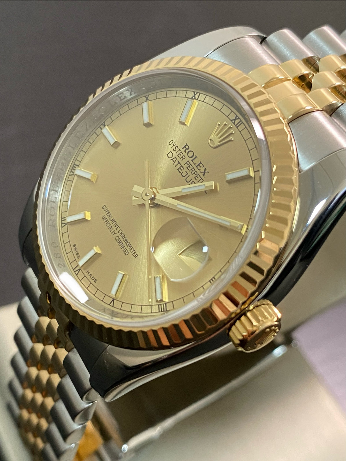 Rolex Steel and Yellow Gold Datejust 36 - M serial - Fluted Bezel - Champagne Index Dial - Jubilee Bracelet - 116233 *FULL SET*